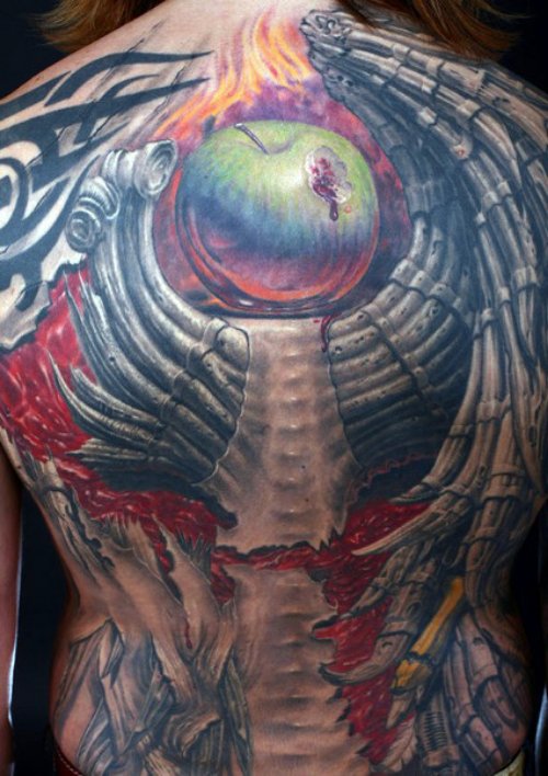 Biomechanical Color Ink Optical Illusion Tattoo On Back